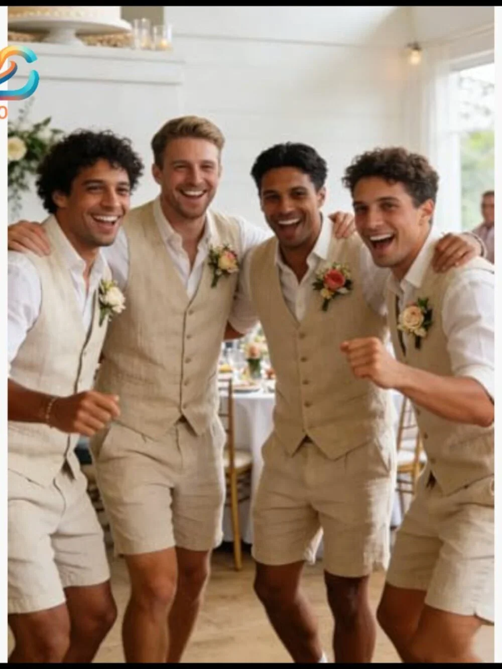 Men's Linen Suit Slim Fit Wedding Groomsmen Summer Vest Shorts Set